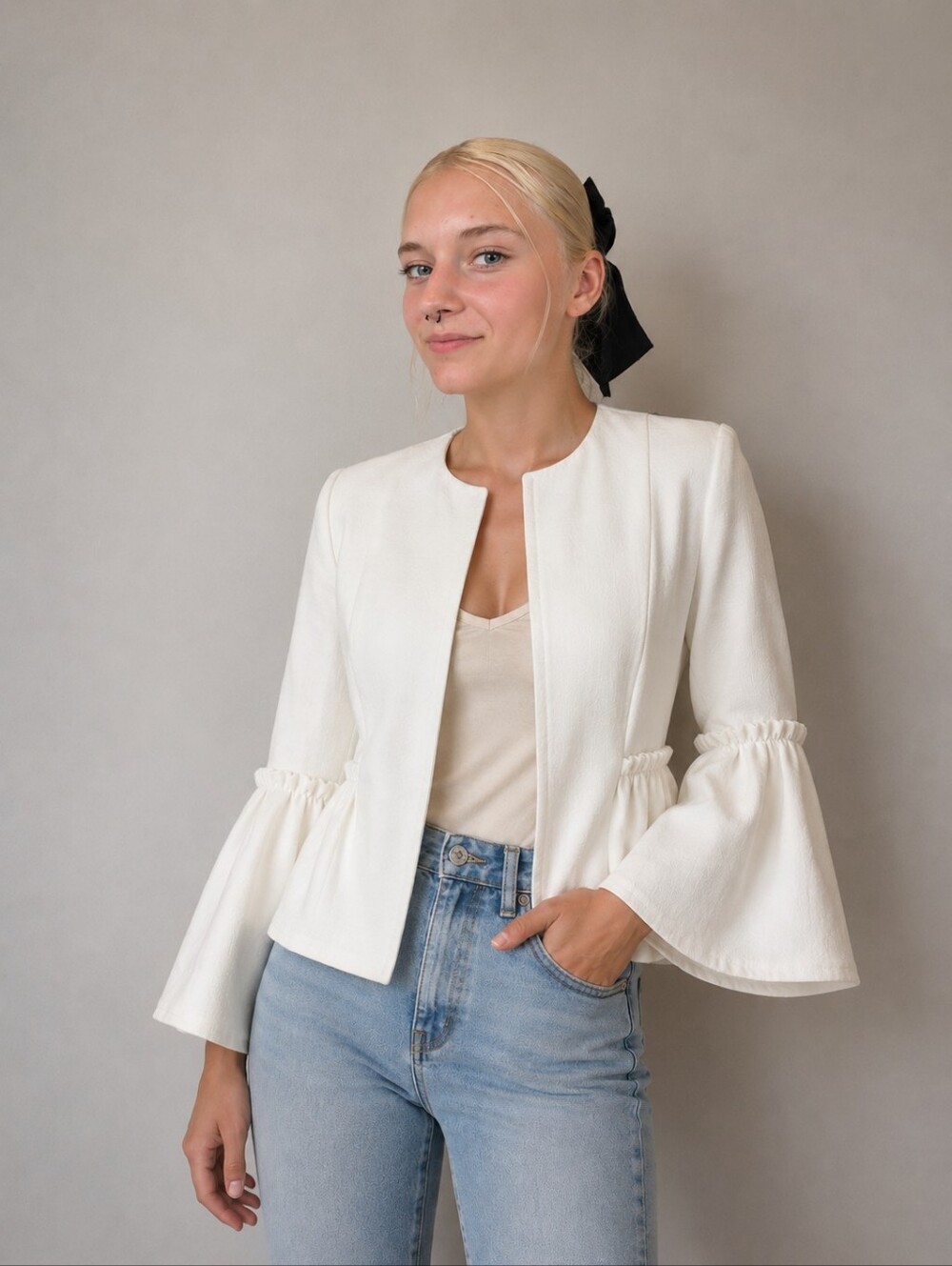 Topshop Ivory Ruffle Bell Sleeve Peplum Jacket US 2